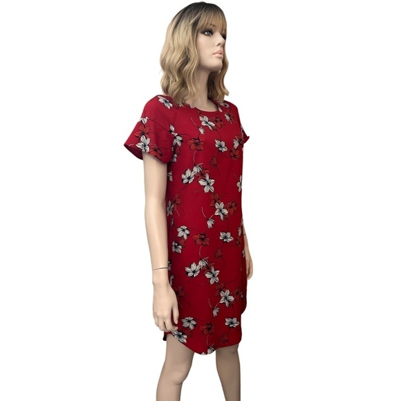 Banana Republic Shift Dress Red Hibiscus Print Fluted Sleeve Rounded Hemline - Picture 3 of 14